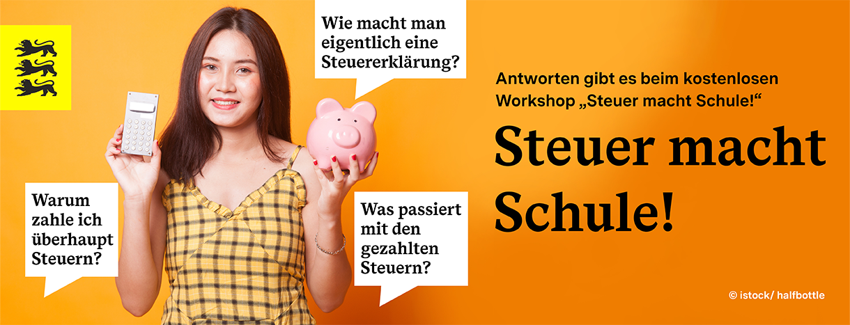 Steuer macht Schule, Asiatin mit Sparschwein und Taschenrechner