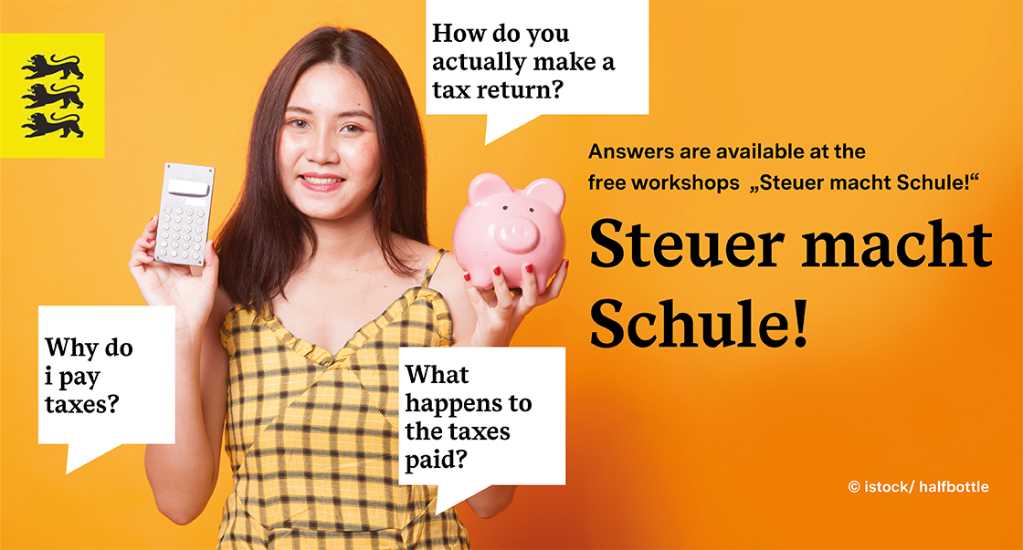 Tax goes to school, woman with piggy bank and calculator